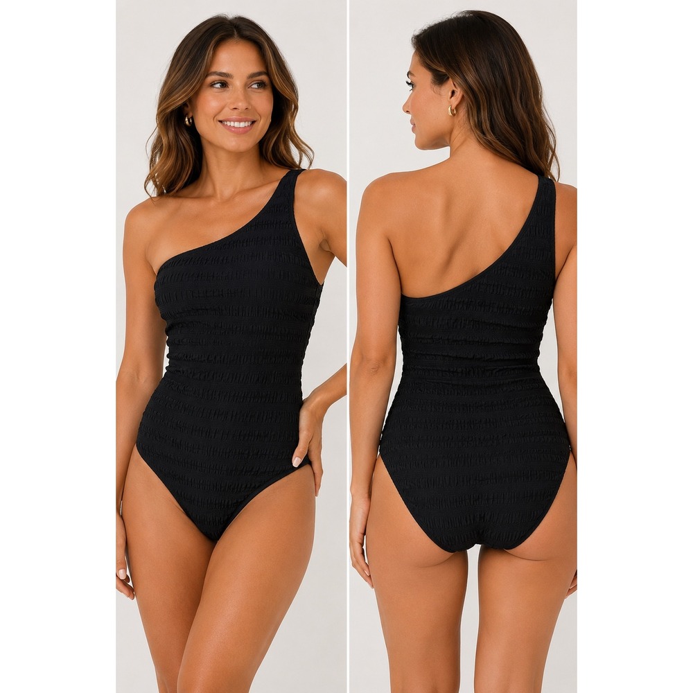 Andie The Jettie One Shoulder Smocked One Piece Swimsuit Black MT AO656-BLK